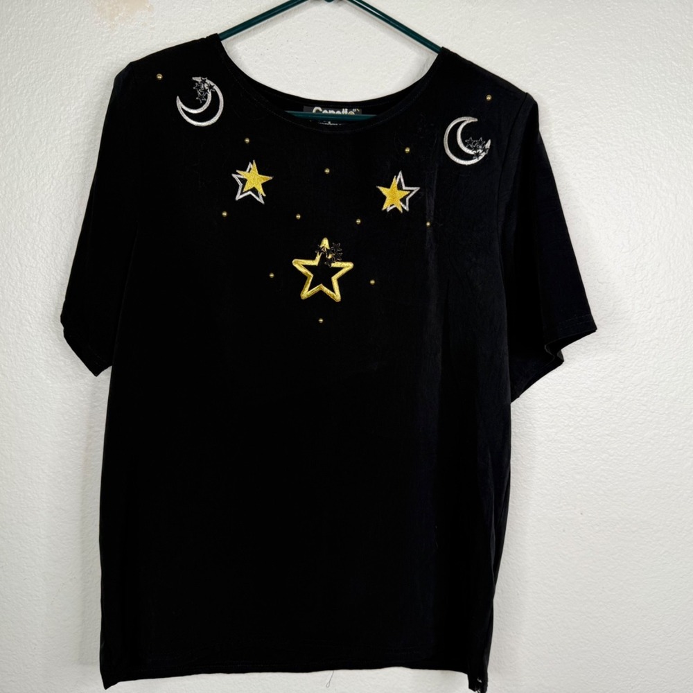 Vintage Gepetto Top Women's Black Sz L Stars Moon Embroidered Celestial